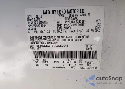 2013 Ford Explorer Sport z USA, uszkodzony, nr VIN 1FM5K8GT6DGC52018